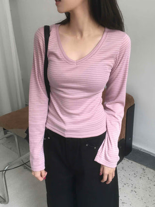 Arm Cover Striped V-Neck Long Sleeve T-Shirt