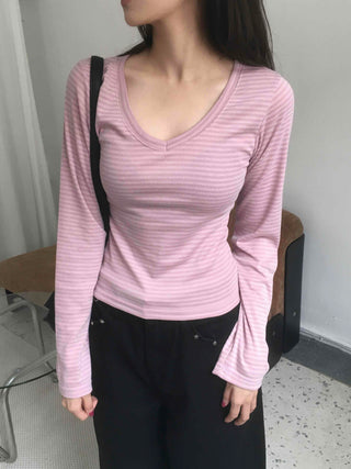 Arm Cover Striped V-Neck Long Sleeve T-Shirt
