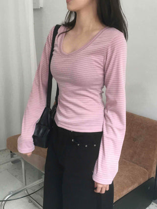 Arm Cover Striped V-Neck Long Sleeve T-Shirt