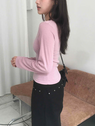 Arm Cover Striped V-Neck Long Sleeve T-Shirt