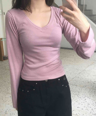 Arm Cover Striped V-Neck Long Sleeve T-Shirt