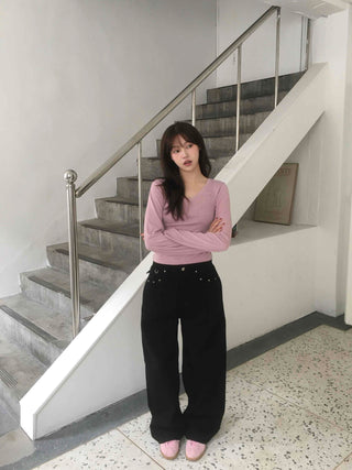 Arm Cover Striped V-Neck Long Sleeve T-Shirt