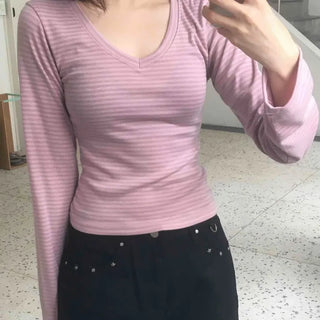 Arm Cover Striped V-Neck Long Sleeve T-Shirt
