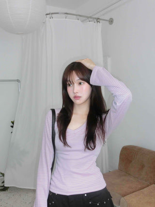 Arm Cover Striped V-Neck Long Sleeve T-Shirt