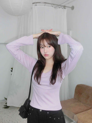 Arm Cover Striped V-Neck Long Sleeve T-Shirt