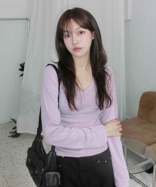 Arm Cover Striped V-Neck Long Sleeve T-Shirt