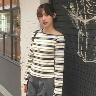 Effortless chic color-block off-striped long-sleeve t-shirt