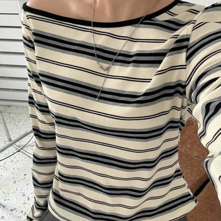 Effortless chic color-block off-striped long-sleeve t-shirt