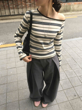 Effortless chic color-block off-striped long-sleeve t-shirt