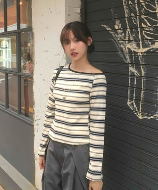 Effortless chic color-block off-striped long-sleeve t-shirt