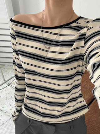 Effortless chic color-block off-striped long-sleeve t-shirt