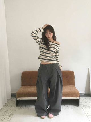 Effortless chic color-block off-striped long-sleeve t-shirt