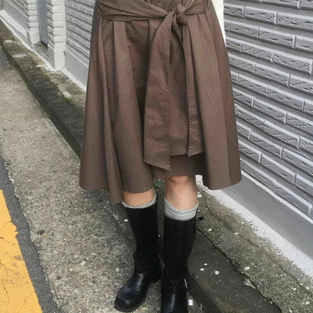 Basic Tie Plain Flare Midi Skirt