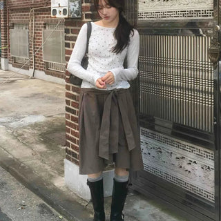 Basic Tie Plain Flare Midi Skirt