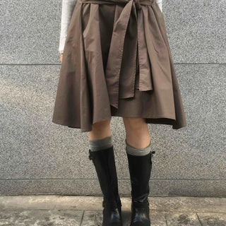 Basic Tie Plain Flare Midi Skirt