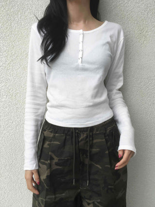 Henley Neck Round Basic Long Sleeve T-shirt
