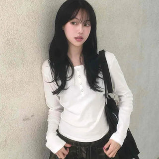 Henley Neck Round Basic Long Sleeve T-shirt