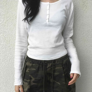 Henley Neck Round Basic Long Sleeve T-shirt