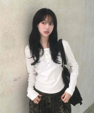 Henley Neck Round Basic Long Sleeve T-shirt