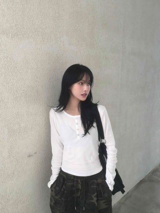 Henley Neck Round Basic Long Sleeve T-shirt