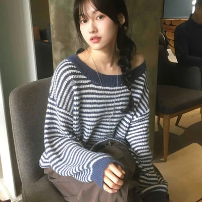 Navy Comfort Crop Cotton Striped Knit
