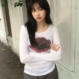 Flower U-neck Tencel long-sleeve t-shirt