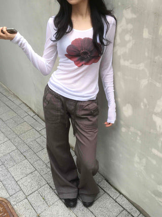 Flower U-neck Tencel long-sleeve t-shirt