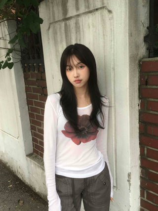 Flower U-neck Tencel long-sleeve t-shirt