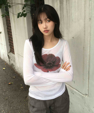 Flower U-neck Tencel long-sleeve t-shirt