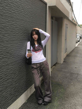 Flower U-neck Tencel long-sleeve t-shirt