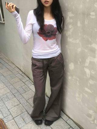Flower U-neck Tencel long-sleeve t-shirt