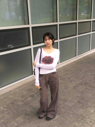 Flower U-neck Tencel long-sleeve t-shirt