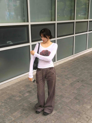 Flower U-neck Tencel long-sleeve t-shirt