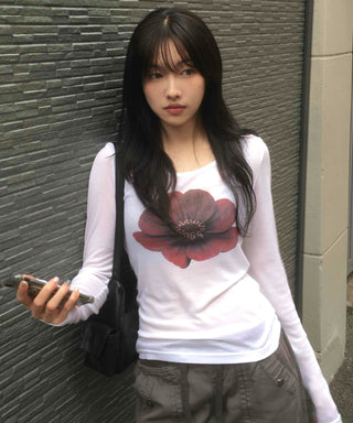 Flower U-neck Tencel long-sleeve t-shirt