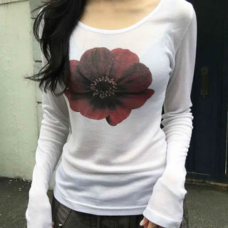 Flower U-neck Tencel long-sleeve t-shirt