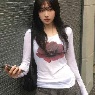 Flower U-neck Tencel long-sleeve t-shirt