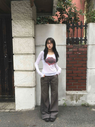 Flower U-neck Tencel long-sleeve t-shirt