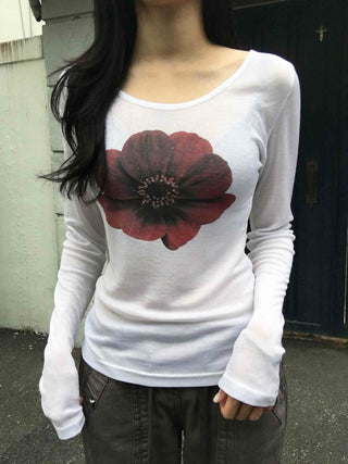 Flower U-neck Tencel long-sleeve t-shirt