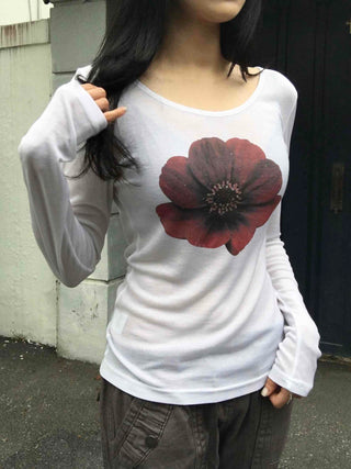 Flower U-neck Tencel long-sleeve t-shirt