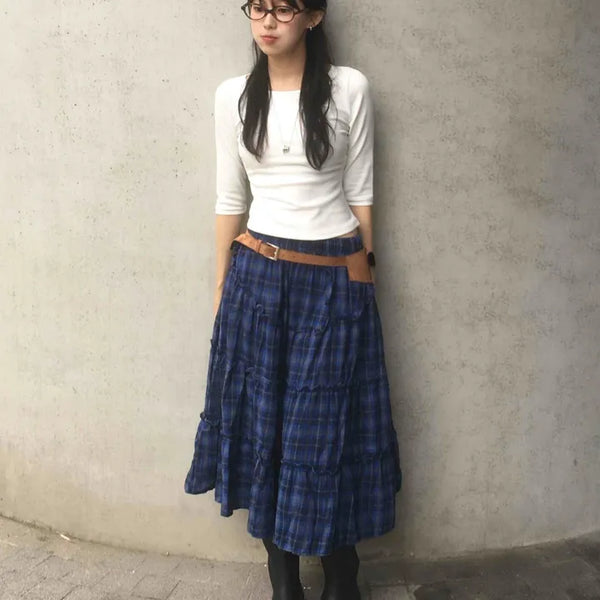 Hip Tiered Frill Check Long Skirt