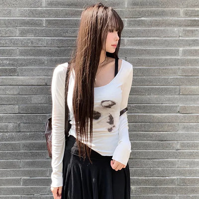 Luisha Vintage Off-Shoulder Slim Long Sleeve Tee