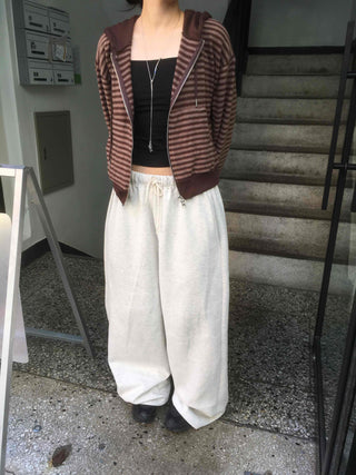 Casual Fleece-Lined Tencel Striped Zip-Up Hoodie