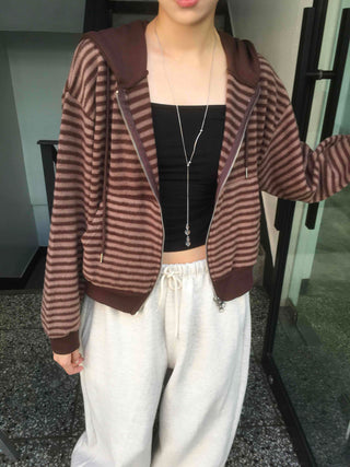 Casual Fleece-Lined Tencel Striped Zip-Up Hoodie