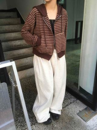 Casual Fleece-Lined Tencel Striped Zip-Up Hoodie