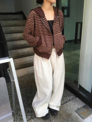 Casual Fleece-Lined Tencel Striped Zip-Up Hoodie