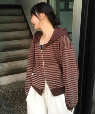 Casual Fleece-Lined Tencel Striped Zip-Up Hoodie