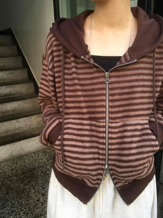 Casual Fleece-Lined Tencel Striped Zip-Up Hoodie
