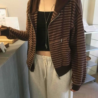 Casual Fleece-Lined Tencel Striped Zip-Up Hoodie