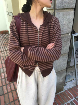 Casual Fleece-Lined Tencel Striped Zip-Up Hoodie