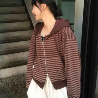 Casual Fleece-Lined Tencel Striped Zip-Up Hoodie